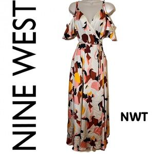 Nine West Cream, Pink, Yellow & Black Abstract Cold-Shoulder Wrap Maxi Dress